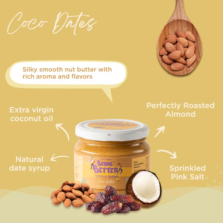 Almond Butter Coco Dates - silky smooth nut butter with rich aroma and flavors. Made with Dates syrup and coconut oil.